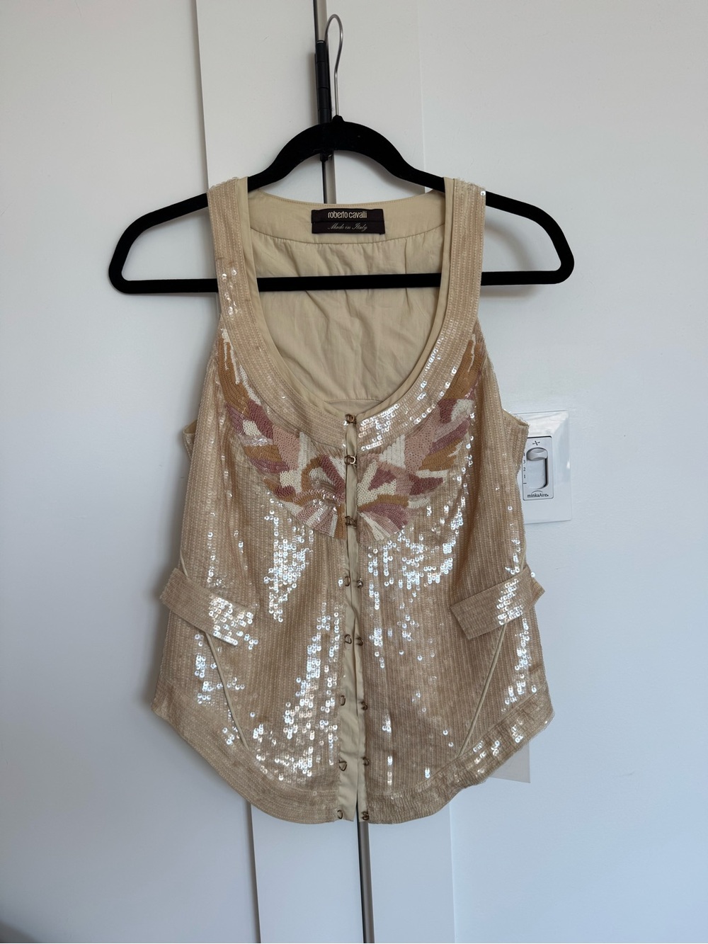 Roberto Cavalli Beige Sequin Embellished Vest Style Top